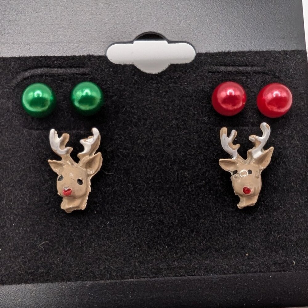 Reindeer, Red Ball, Green Ball Pierced Earrings 3 Pair Christmas Set NEW